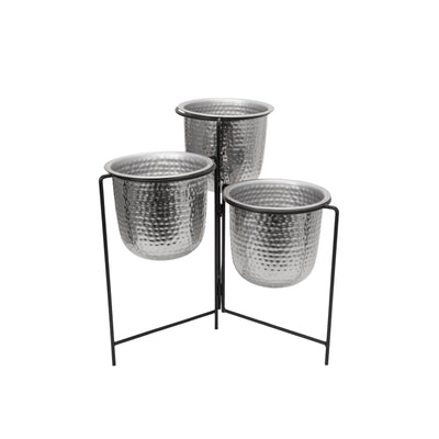 METAL 20" S/3 HAMMERED PLANTERS W/ STAND, SILVER (6608460841056)
