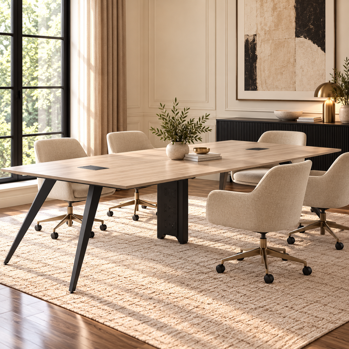Conference Table 3.2 m - Light Oak and Pure Black Angled Leg Frame