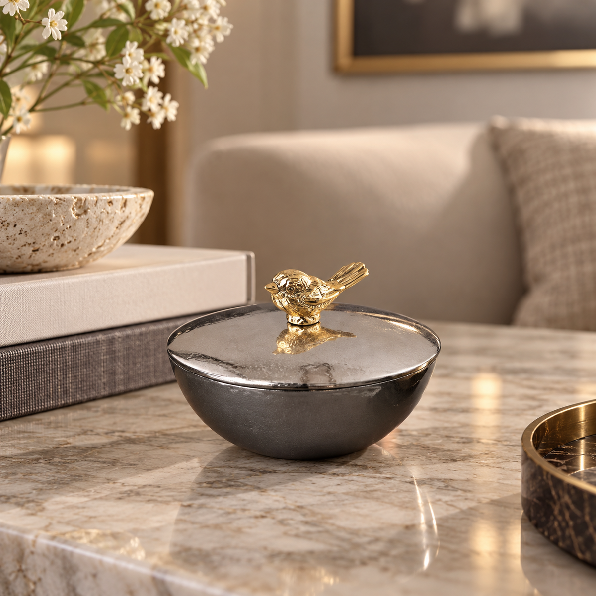 Gold Bird Accent Oval Bowl - Large