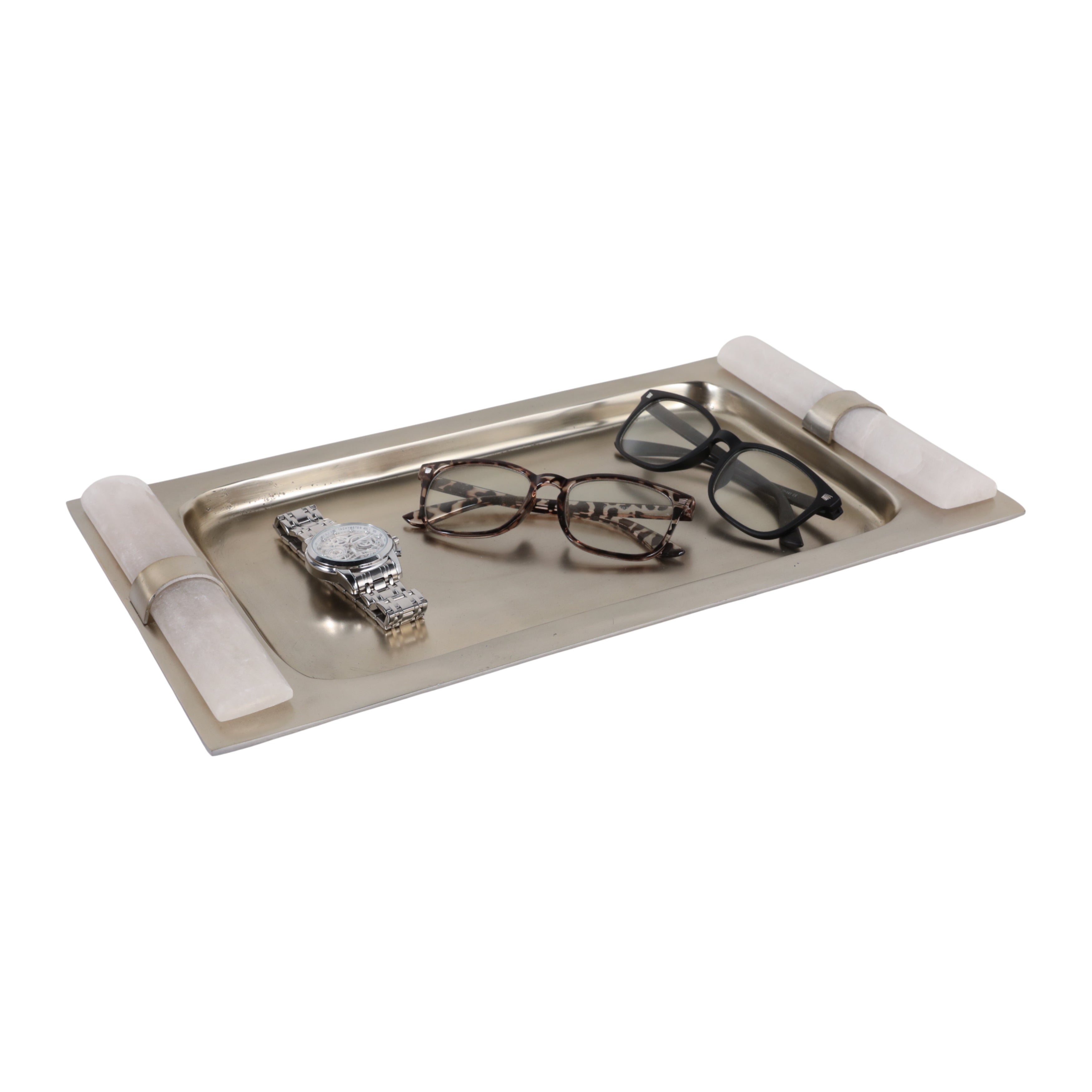 16X9" ASCEND ALABASTER AND METAL TRAY, SIL