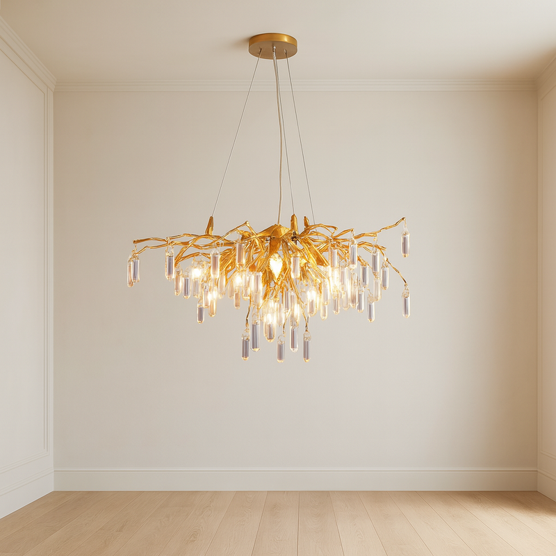 METAL BRANCH&HANGING CRYSTAL CHANDELIER, GOLD