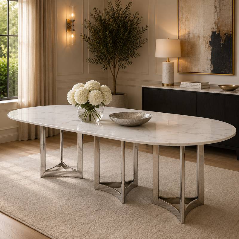 Alexa Dining Table Silver Base and 350 CM Oval White Marble