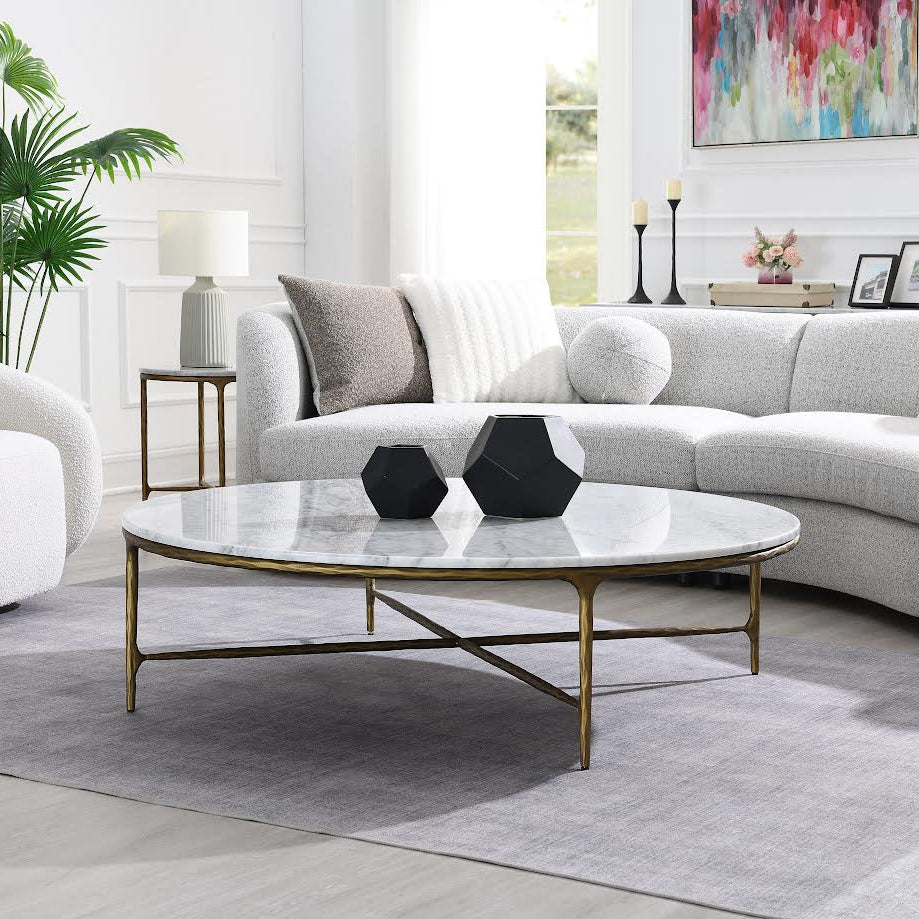 Round Gold Coffee Table with Marble Top