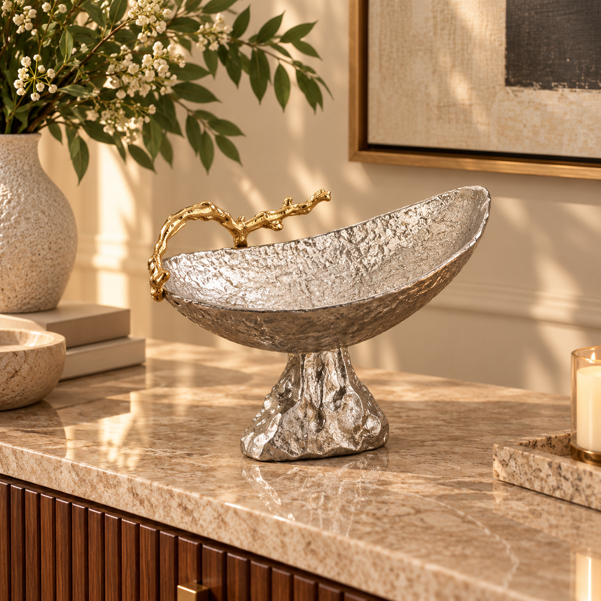 Gold Branch Pedestal Bowl With Handle - Large