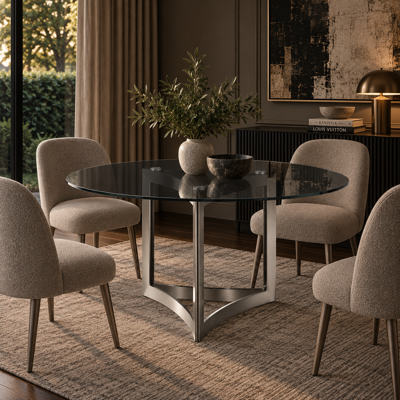 Alexa Dining Table Silver Base and 130 CM Round Gray Glass