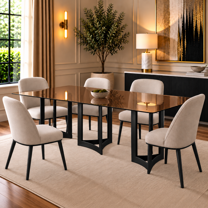 Alexa Dining Table Black Base and 395 CM Gold Glass