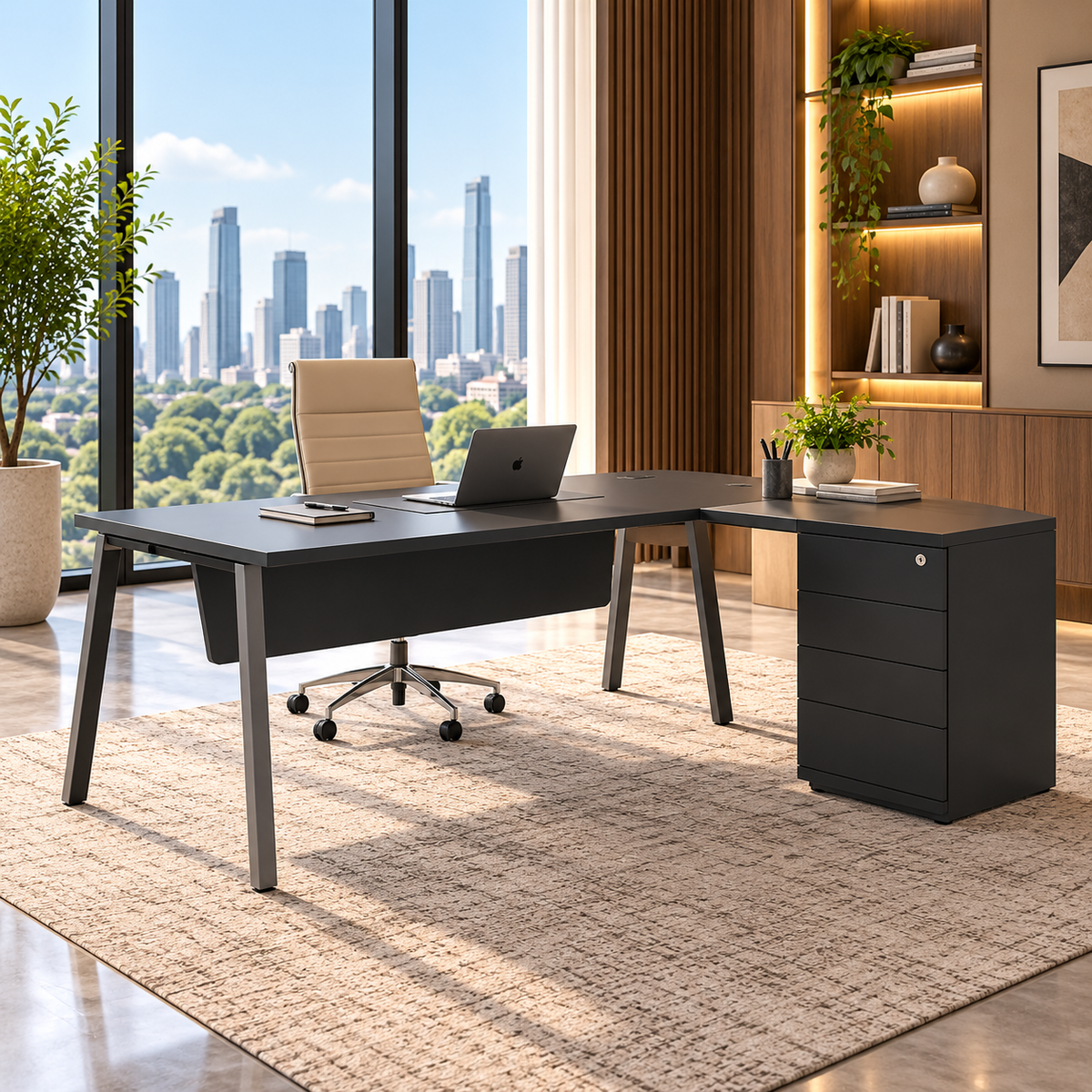 Desk with Side Pedestal - Pure Black (1800 mm)