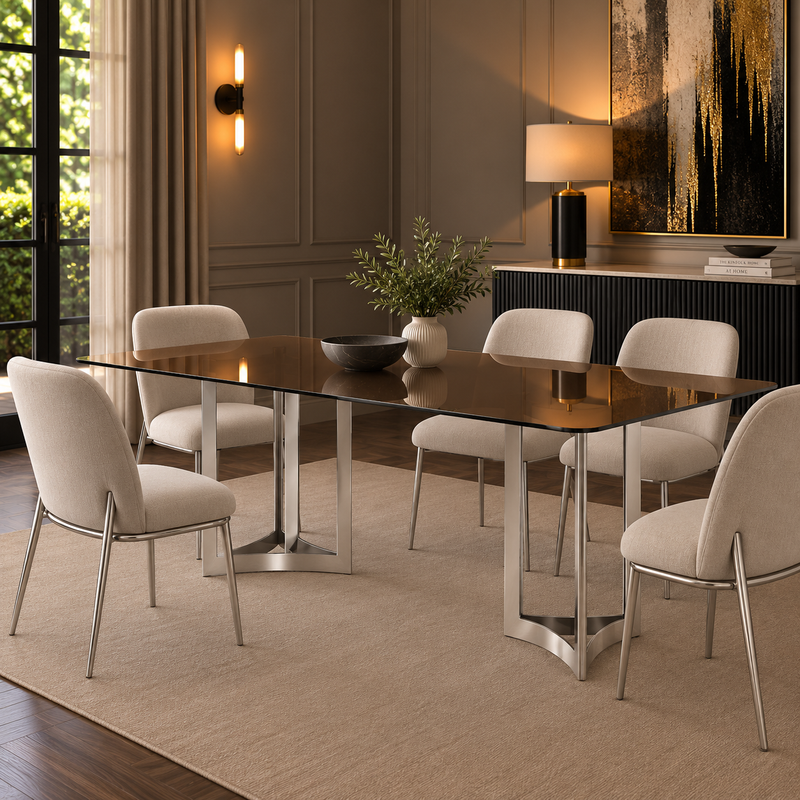Alexa Dining Table Silver Base and 200 CM Gold Glass