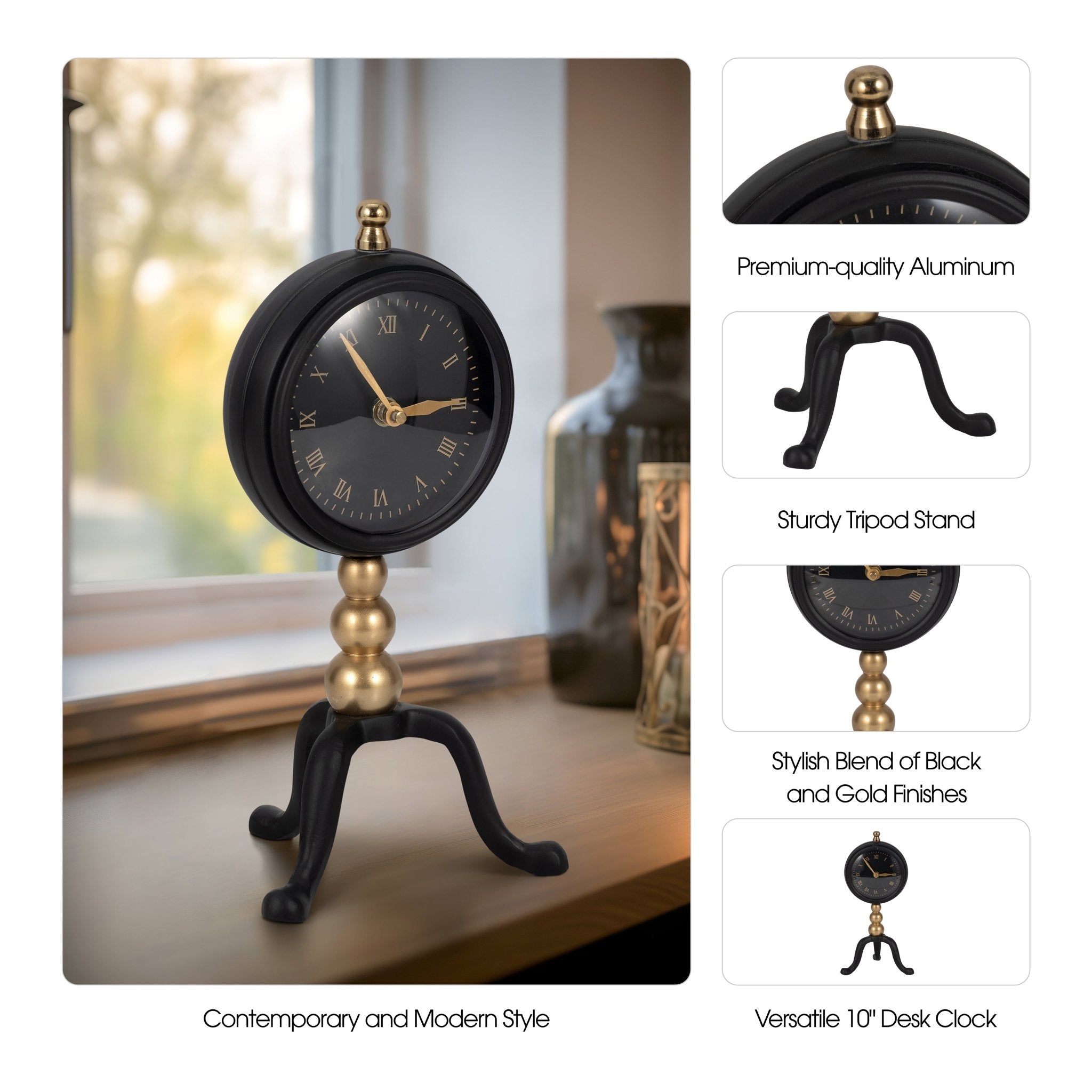 10" Addison Gold And Black Desk Clock Table Decors| Sagebrook Home