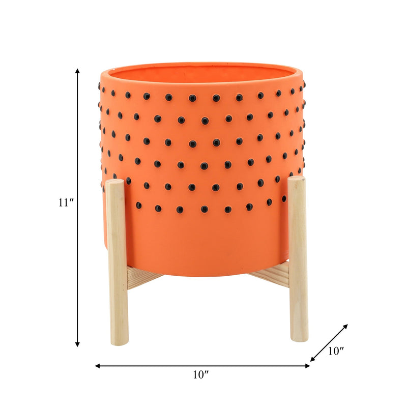 10" DOTTED PLANTER W/ WOOD STAND, ORANGE - Al Rugaib Furniture
