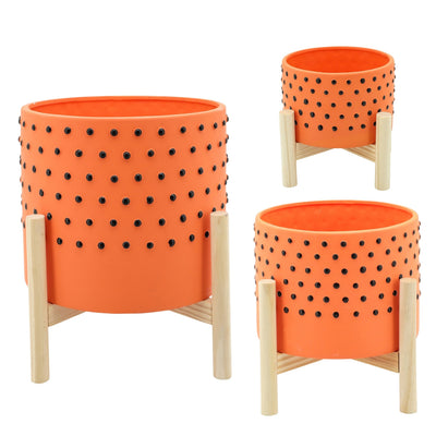 10" DOTTED PLANTER W/ WOOD STAND, ORANGE - Al Rugaib Furniture