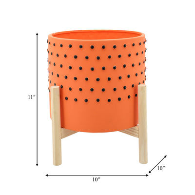 10" DOTTED PLANTER W/ WOOD STAND, ORANGE - Al Rugaib Furniture