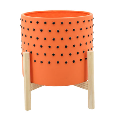 10" DOTTED PLANTER W/ WOOD STAND, ORANGE - Al Rugaib Furniture