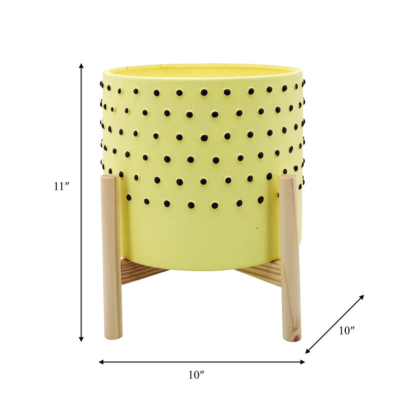 10" DOTTED PLANTER W/ WOOD STAND, YELLOW - Al Rugaib Furniture