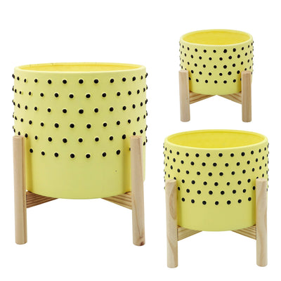 10" DOTTED PLANTER W/ WOOD STAND, YELLOW - Al Rugaib Furniture