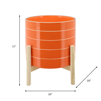10" STRIPED PLANTER W/ WOOD STAND, ORANGE - Al Rugaib Furniture