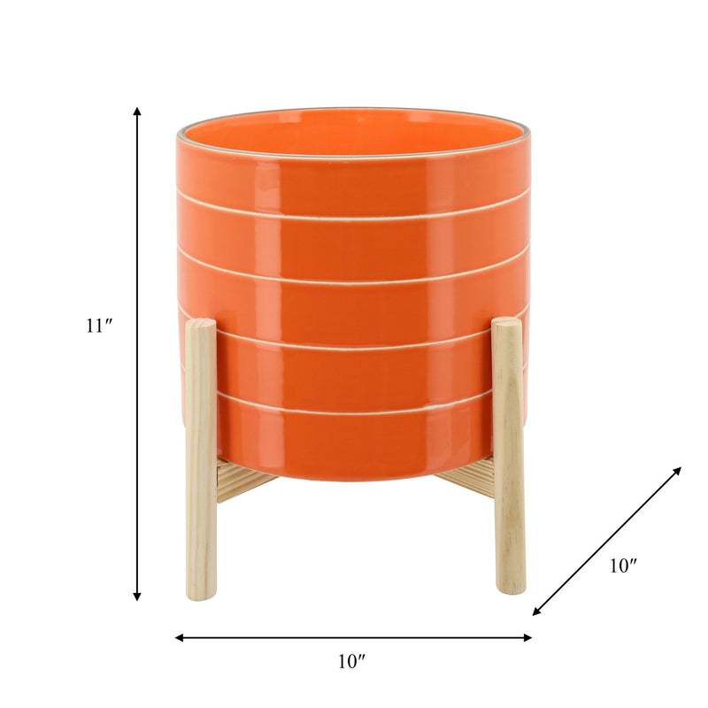 10" STRIPED PLANTER W/ WOOD STAND, ORANGE - Al Rugaib Furniture