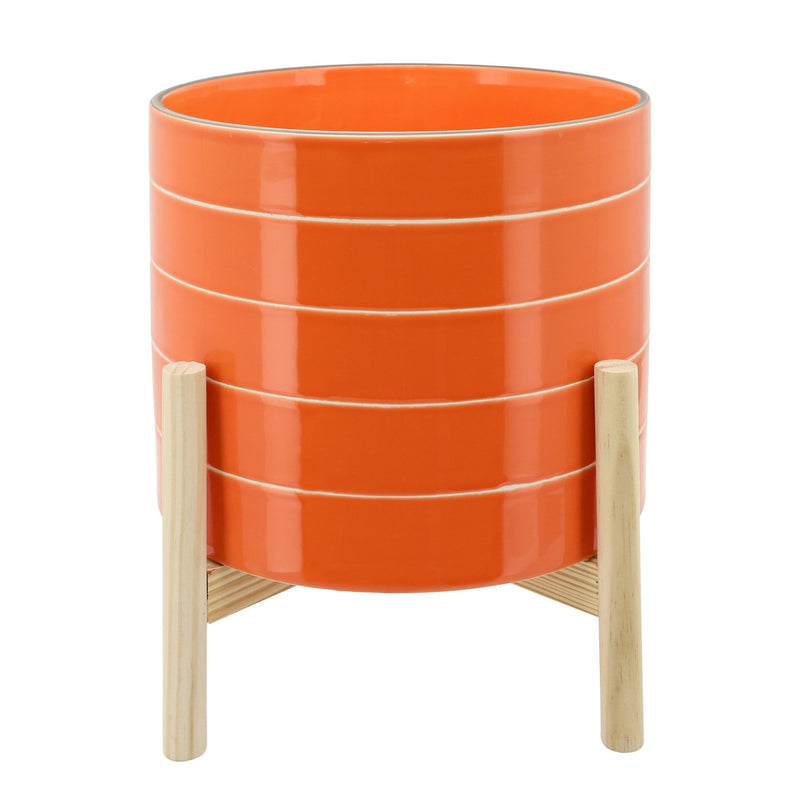 10" STRIPED PLANTER W/ WOOD STAND, ORANGE - Al Rugaib Furniture