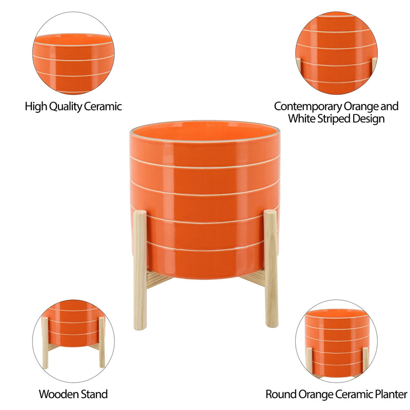 10" STRIPED PLANTER W/ WOOD STAND, ORANGE - Al Rugaib Furniture