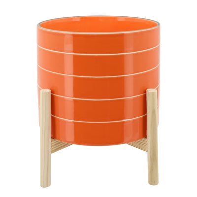 10" STRIPED PLANTER W/ WOOD STAND, ORANGE - Al Rugaib Furniture