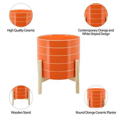 10" STRIPED PLANTER W/ WOOD STAND, ORANGE - Al Rugaib Furniture