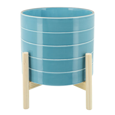 10" STRIPED PLANTER W/ WOOD STAND, SKYBLUE - Al Rugaib Furniture