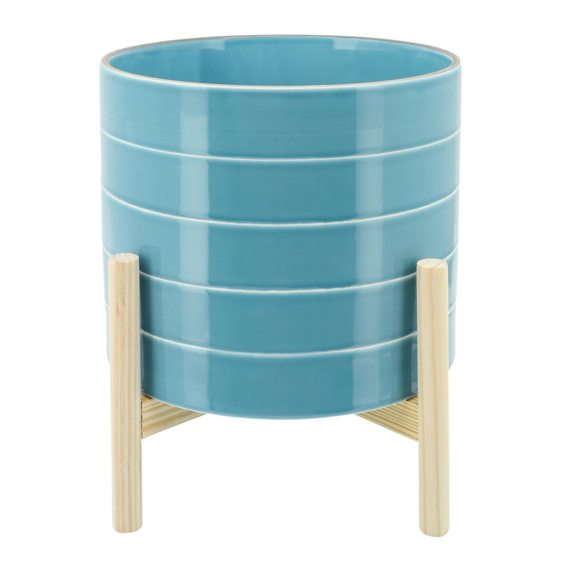 10" STRIPED PLANTER W/ WOOD STAND, SKYBLUE - Al Rugaib Furniture