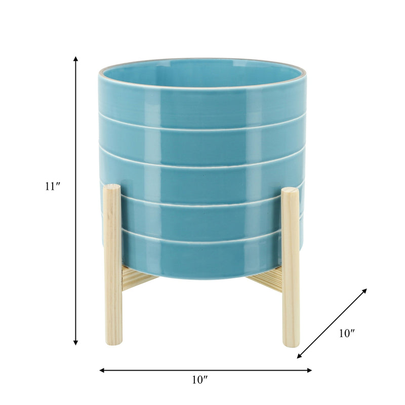 10" STRIPED PLANTER W/ WOOD STAND, SKYBLUE - Al Rugaib Furniture