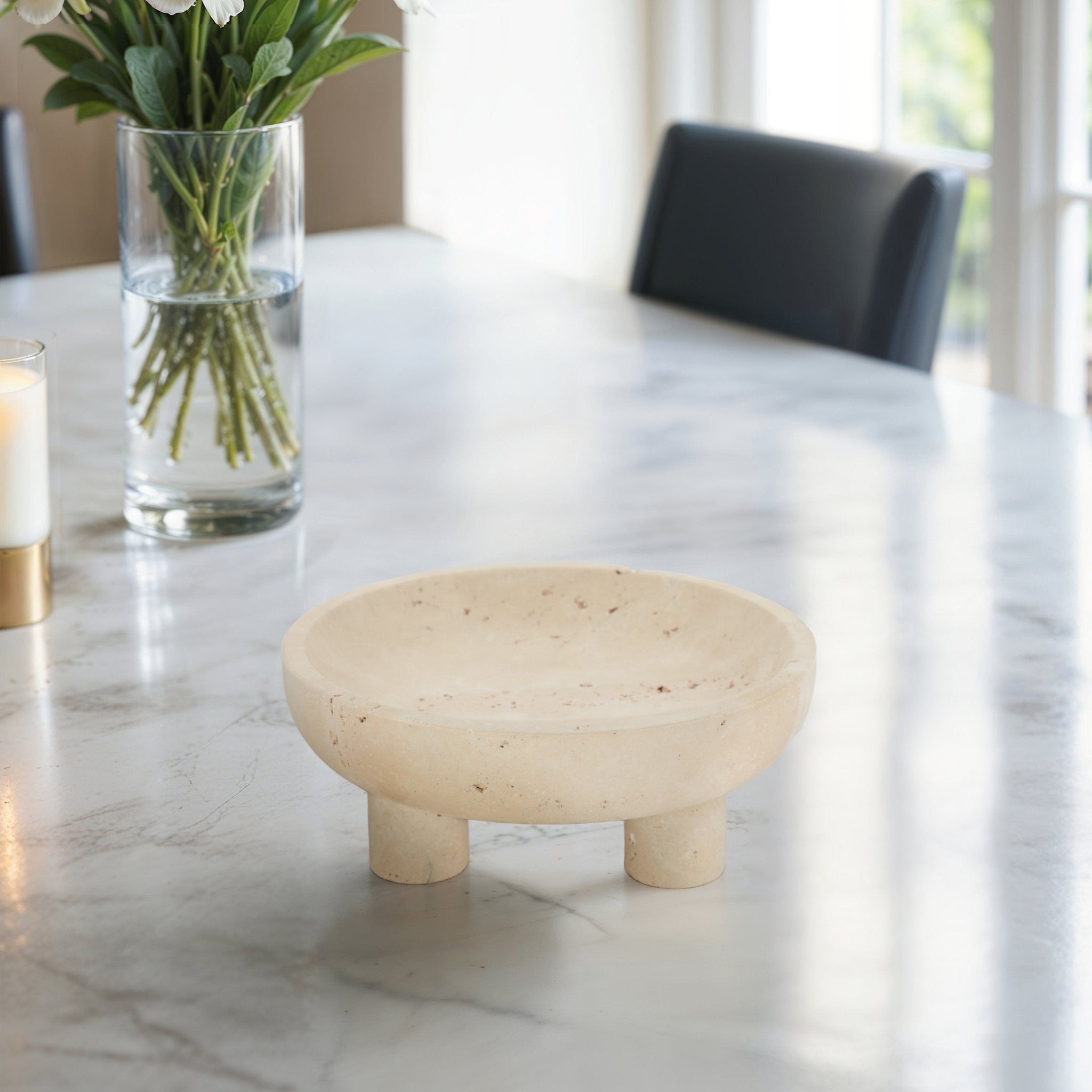 10" TRAVERTINE FOOTED BOWL, TAN Table Decors| Sagebrook Home