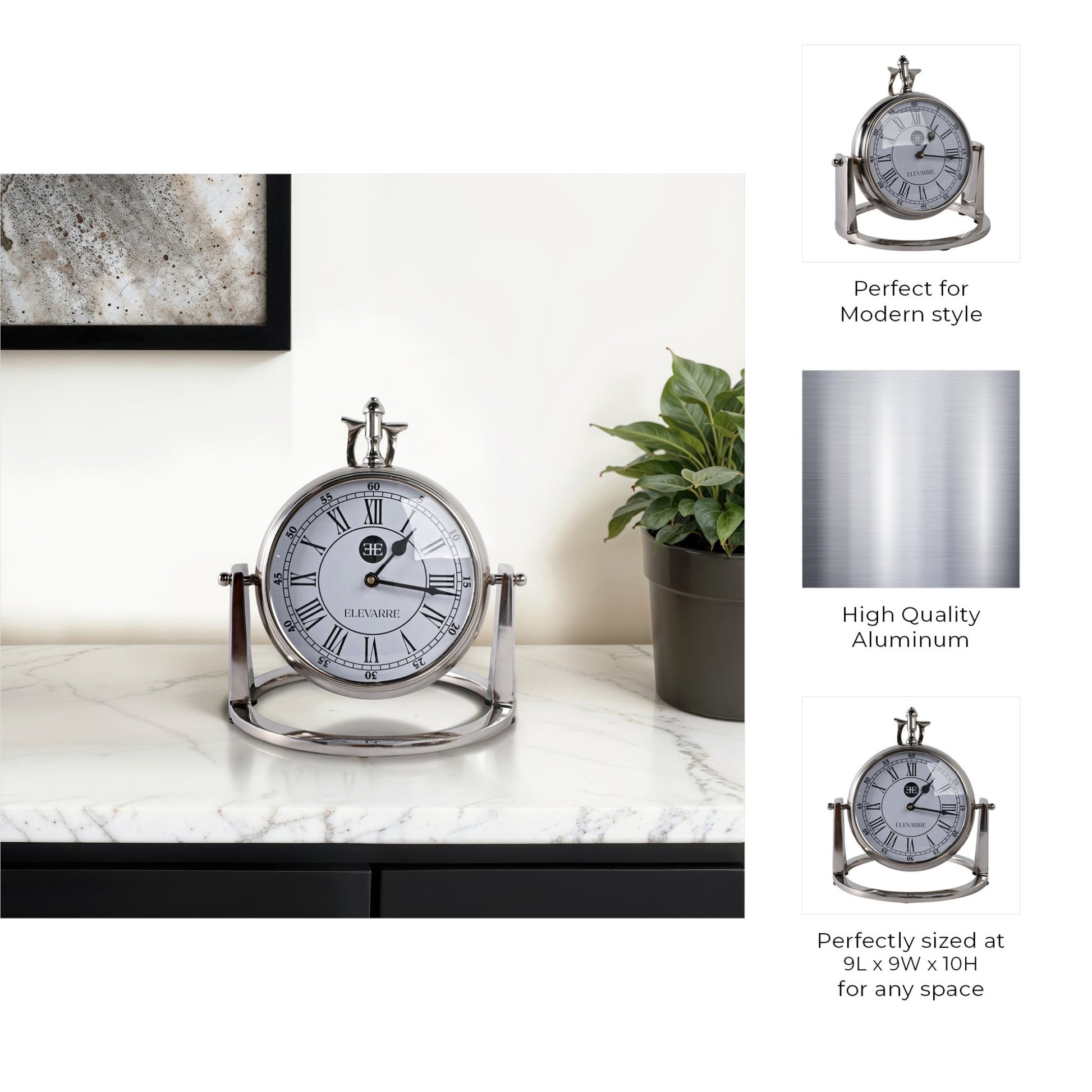 10" Veridian Silver Aluminum Desk Clock Table Decors| Sagebrook Home