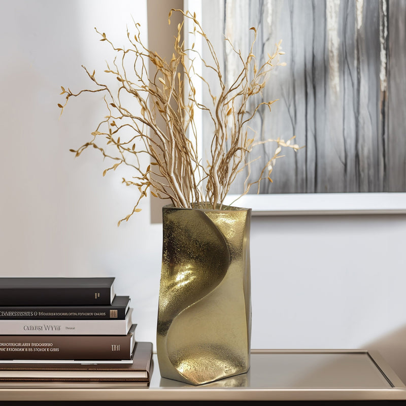 10" Warner Pinched Metal Vase, Gold - Al Rugaib Furniture