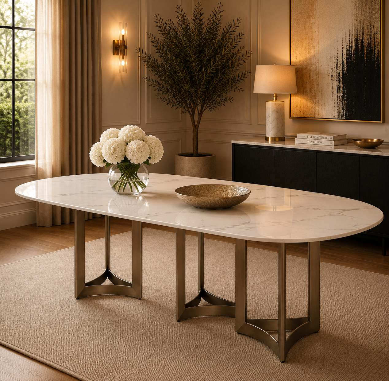 Alexa Dining Table Bronze Base and 240 Oval CM White Marble