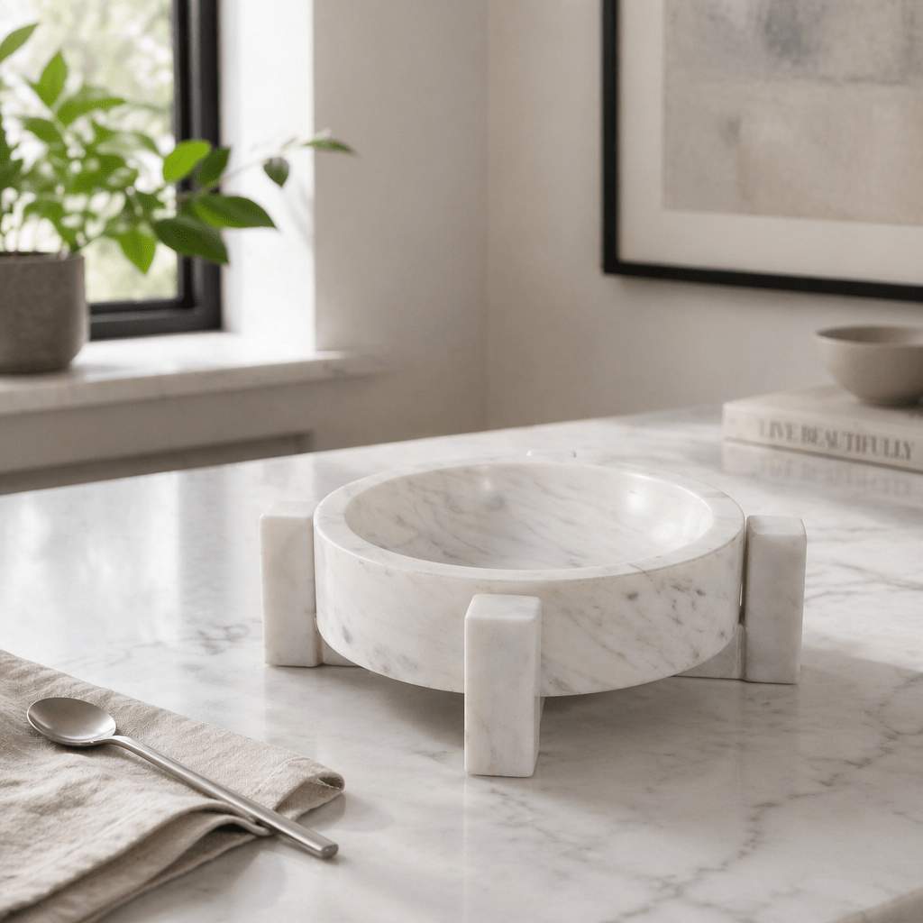 10x10" Marble Bowl In Base, White Bowl| Sagebrook Home