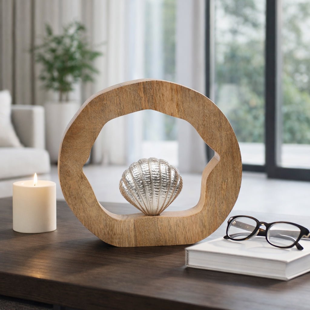 10x10" Seashell In Wood Round, Silver/natural Table Decors| Sagebrook Home