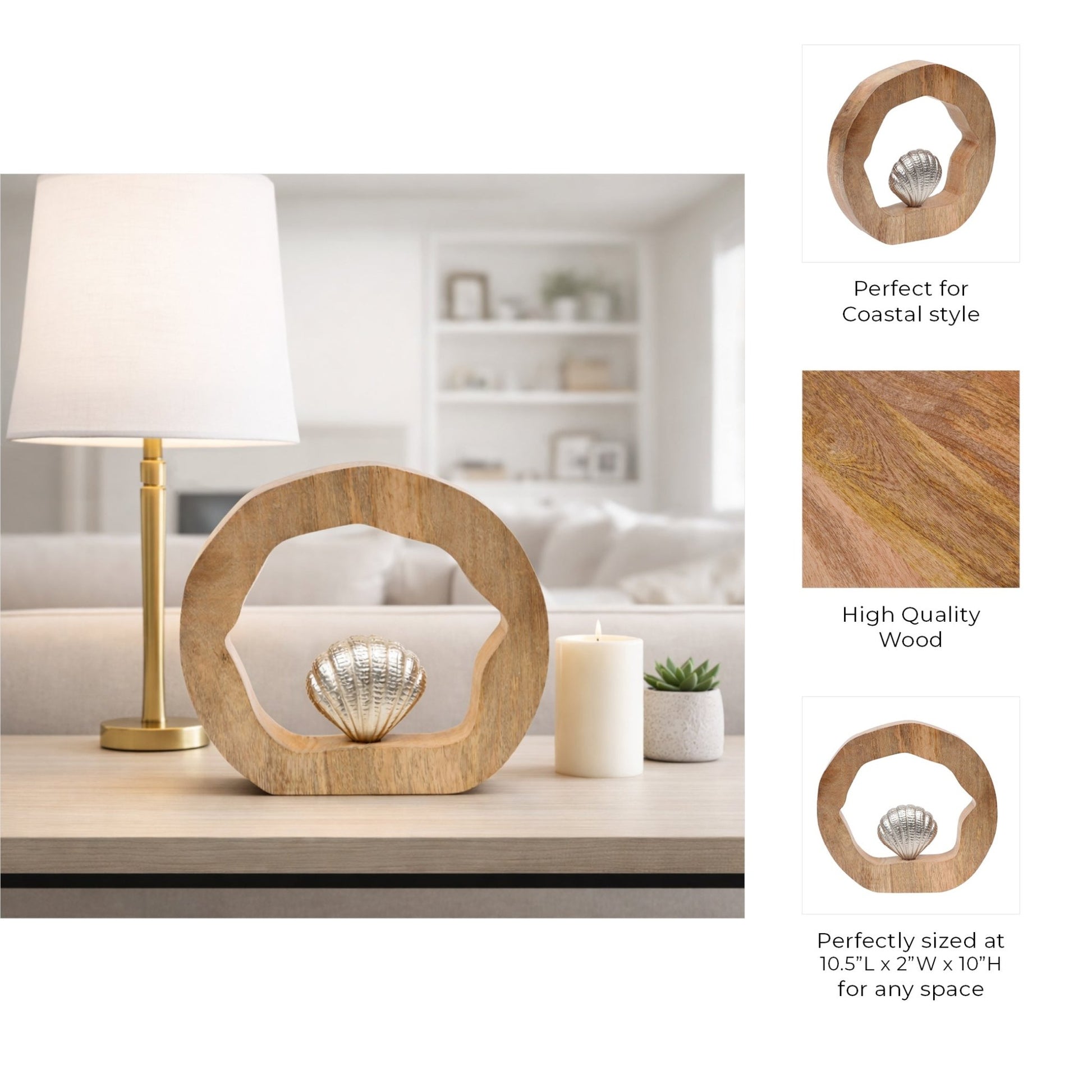 10x10" Seashell In Wood Round, Silver/natural Table Decors| Sagebrook Home