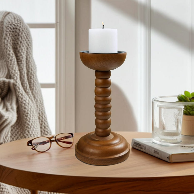 10x5" Stacked Pillar & Taper Holder, Walnut - Al Rugaib Furniture