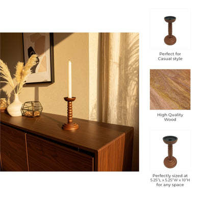 10x5" Stacked Pillar & Taper Holder, Walnut - Al Rugaib Furniture