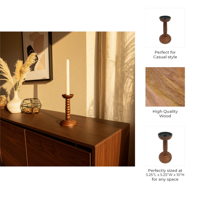 10x5" Stacked Pillar & Taper Holder, Walnut - Al Rugaib Furniture