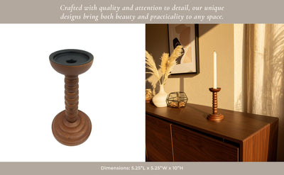 10x5" Stacked Pillar & Taper Holder, Walnut - Al Rugaib Furniture