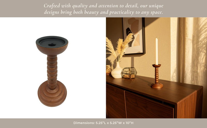 10x5" Stacked Pillar & Taper Holder, Walnut - Al Rugaib Furniture