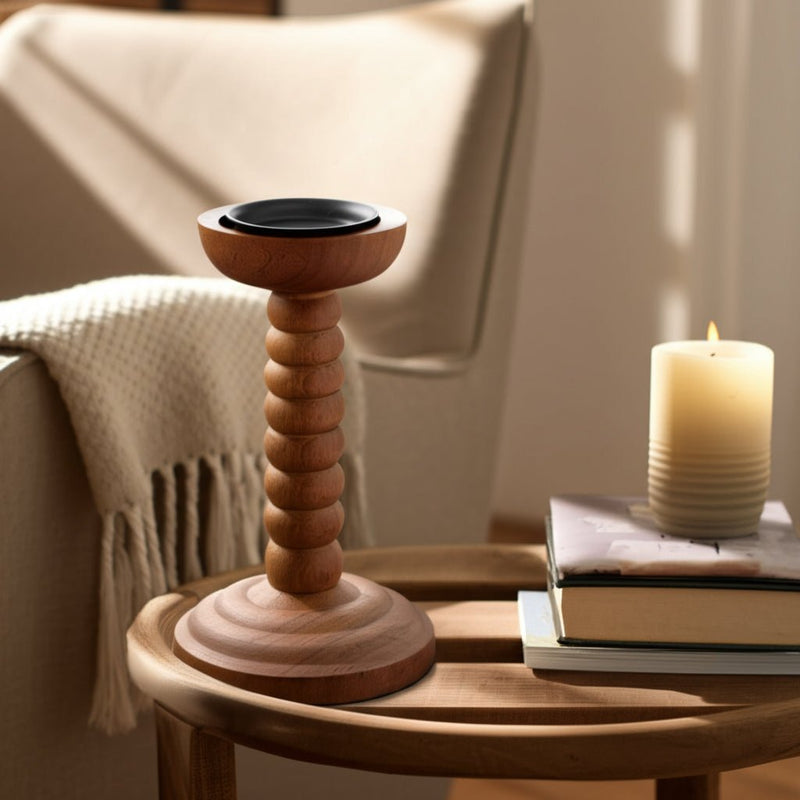 10x5" Stacked Pillar & Taper Holder, Walnut - Al Rugaib Furniture