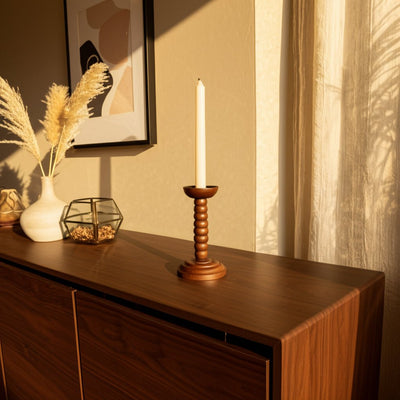 10x5" Stacked Pillar & Taper Holder, Walnut - Al Rugaib Furniture