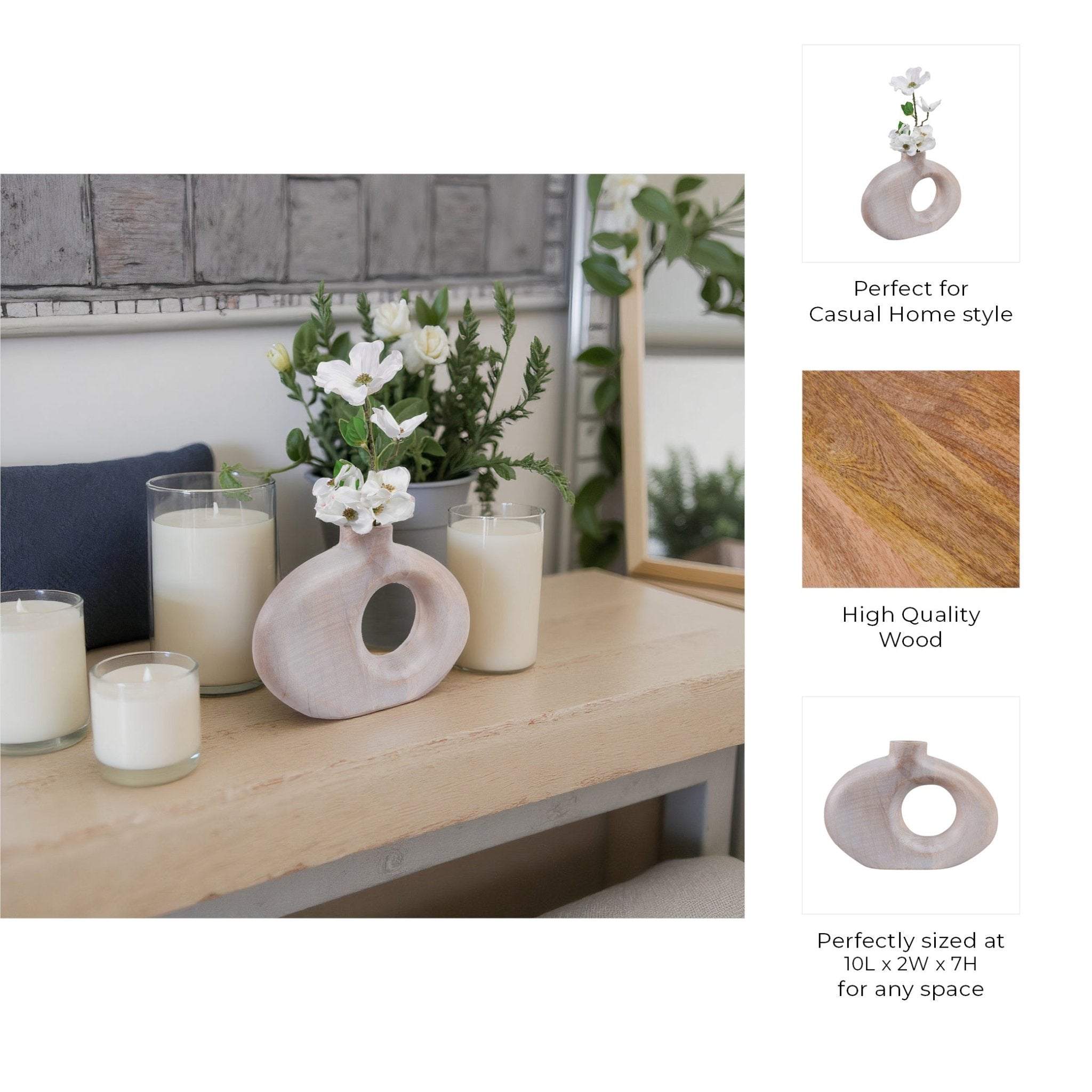 10x7" Cut-out Wood Vase, Whitewash Vases and Jars| Sagebrook Home