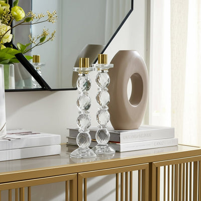 11" Etched Crystal Taper Holder, Clear/gold - Al Rugaib Furniture