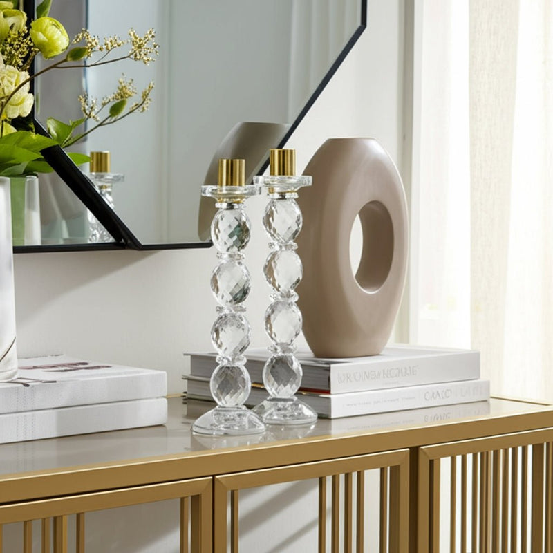 11" Etched Crystal Taper Holder, Clear/gold - Al Rugaib Furniture