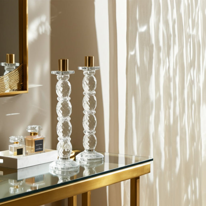 11" Etched Crystal Taper Holder, Clear/gold - Al Rugaib Furniture