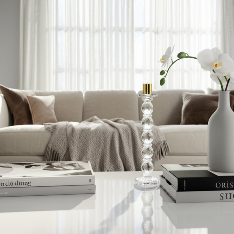 11" Etched Crystal Taper Holder, Clear/gold - Al Rugaib Furniture