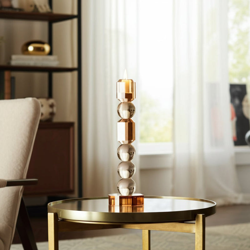 11" Geo Crystal Taper Holder, Amber - Al Rugaib Furniture