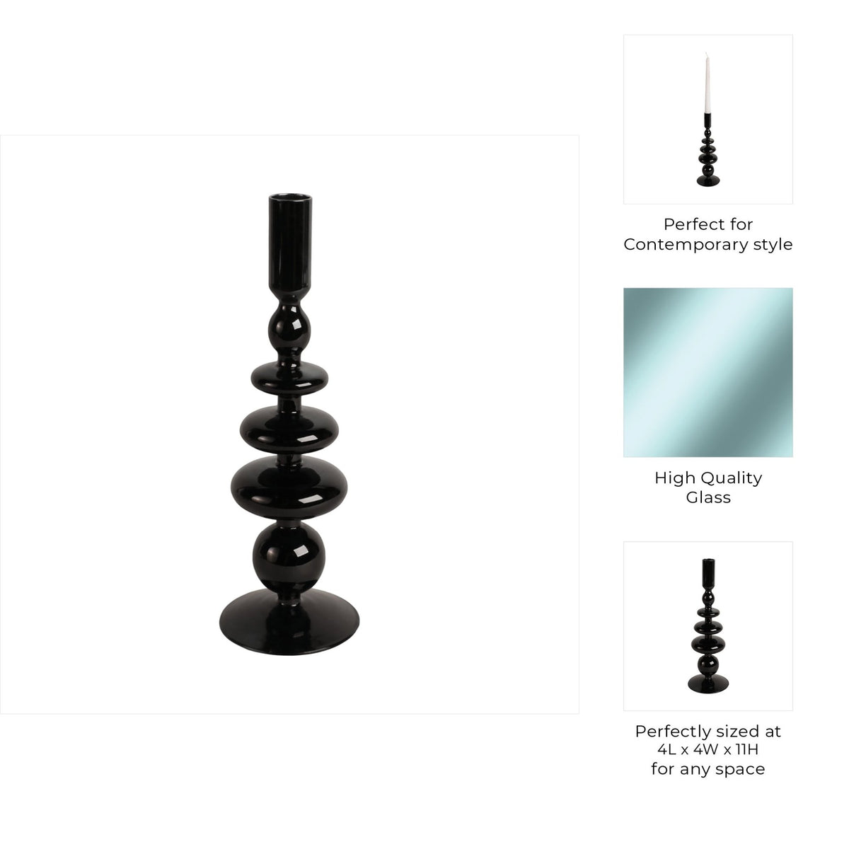 11" VINTAGE GLASS TAPER CANDLE HOLDER, BLACK Candle Holders| Sagebrook Home