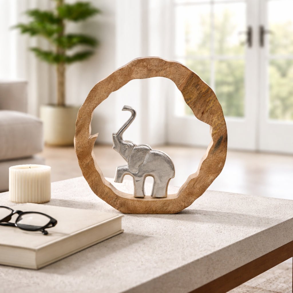11x11" Elephant In Wood Round, Silver/natural Table Decors| Sagebrook Home